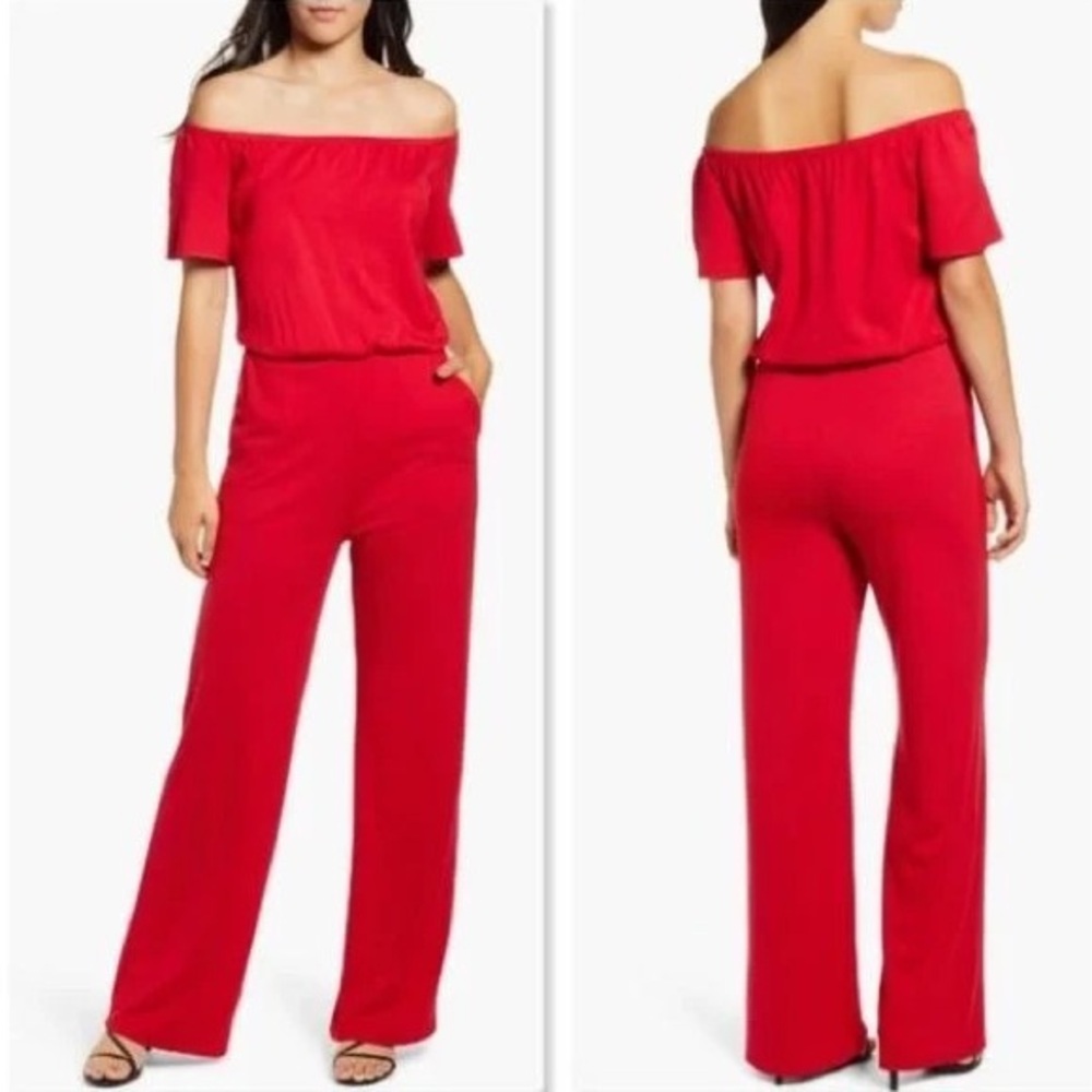 Gibson Off the Shoulder Red Ponte Knit Jumpsuit